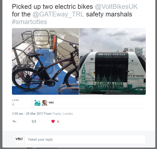 Tweet featuring a VOLT Pulse e-bike and driverless car Harry