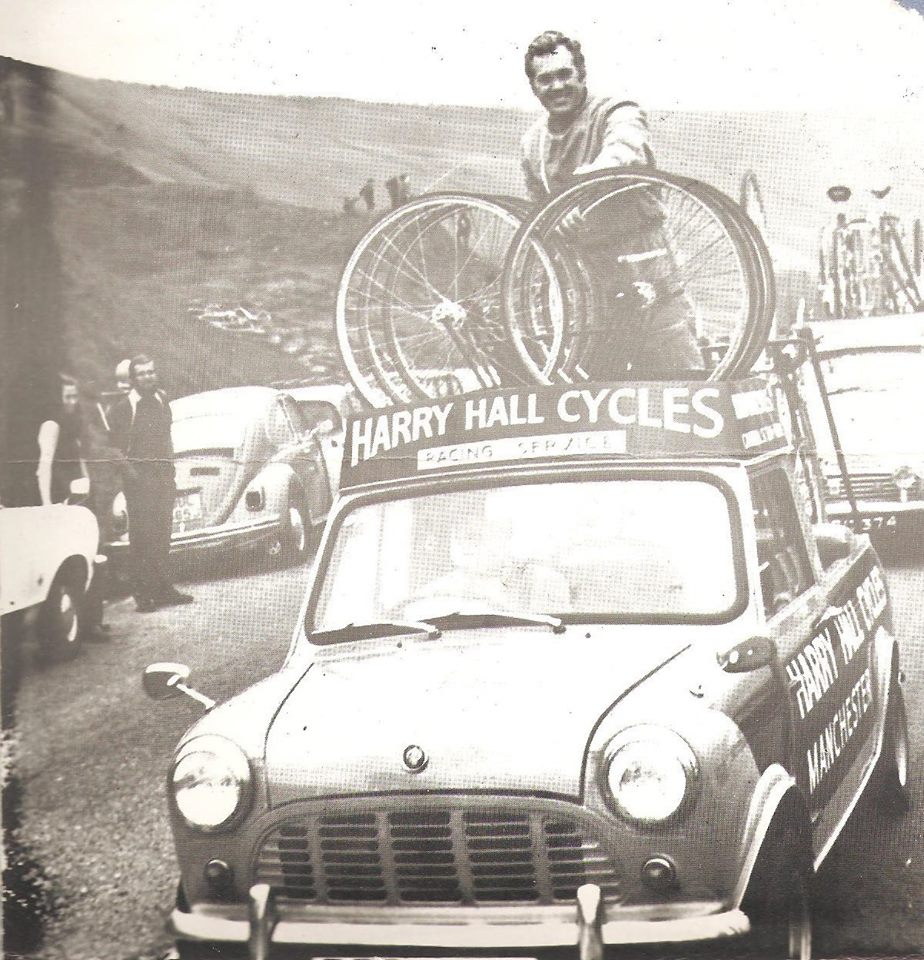 Vintage photo of Harry Hall from Harry Hall Cycles and his car