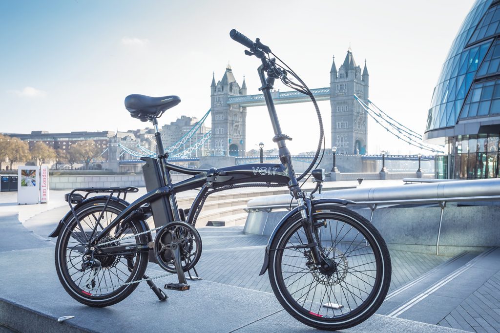 The VOLT Metro folding e-bike in front of London's Tower Bridge