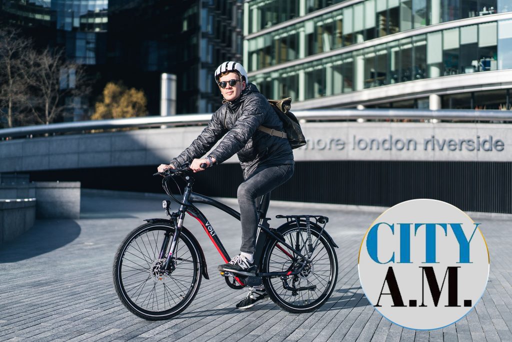 A cyclist commuting on his VOLT Pulse e-bike for City A.M.