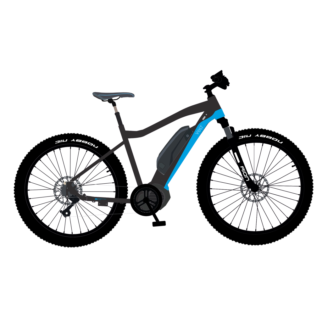 A graphic illustration and artistic impression of a new e-bike called Apex. Features a central crank motor, shimano deore 10 speed gears and suntour suspension