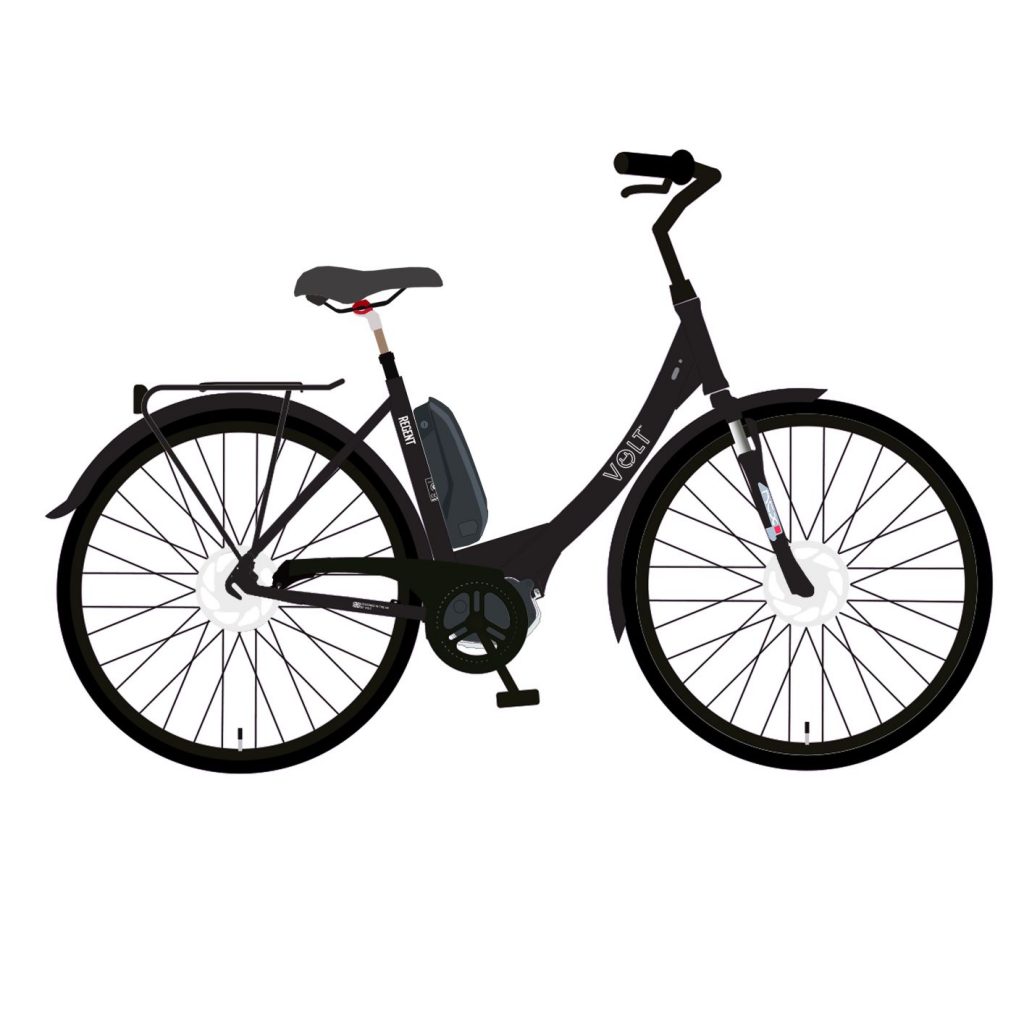 A graphic drawing and artist impression of a new black e-bike called Regent. Featuring a central crank motor and suntour front suspension