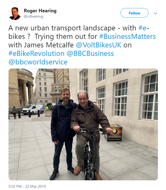 Roger Hearing BBC twitter about Volt Electric Bikes