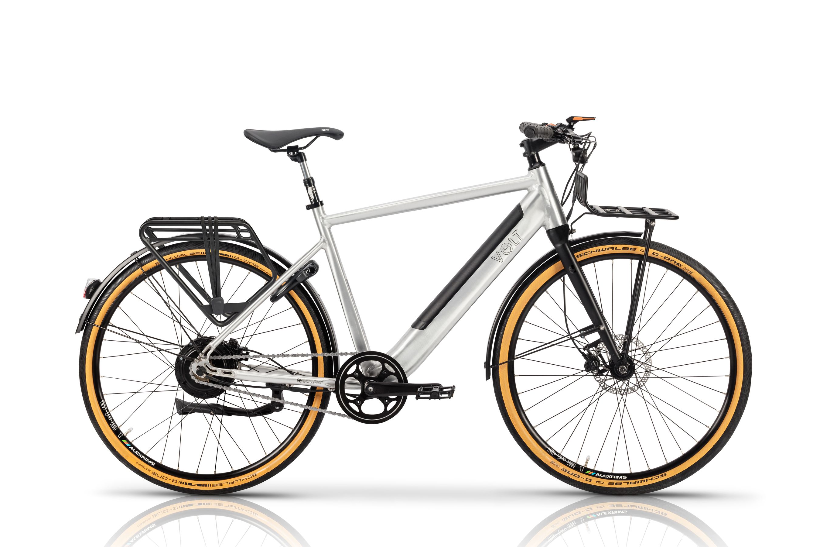 Volt London Urban E-bike with back rack straight studio photograph side on with a white background