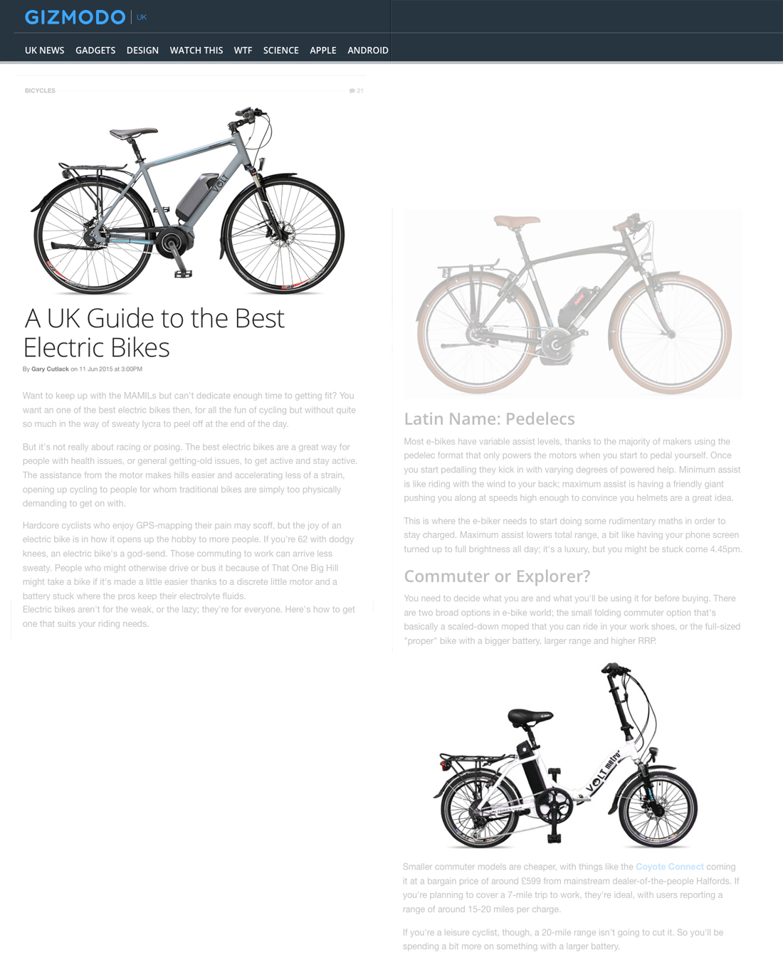 VOLT e-bikes: infinity and metro featured in Gizmodo article